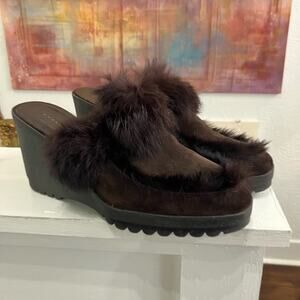 Coach Kaela Suede Rabbit Fur Dark Brown Wedge Mules 9.5
